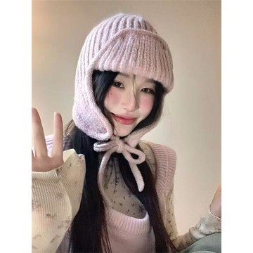 粉色護耳針織毛線帽女生2024秋冬季顯臉小保暖飛行雷鋒帽韓系氛圍