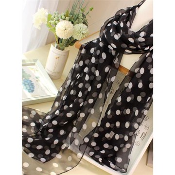 波點喬其紗絲巾柔軟紗巾女春秋冬季百搭薄款圍巾日系圓點點黑白色