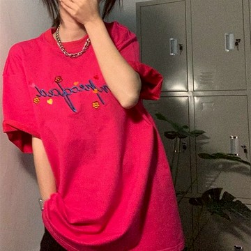 火龍果色短袖t恤女夏寬松ins潮慵懶風oversize刺繡小眾設計感上衣