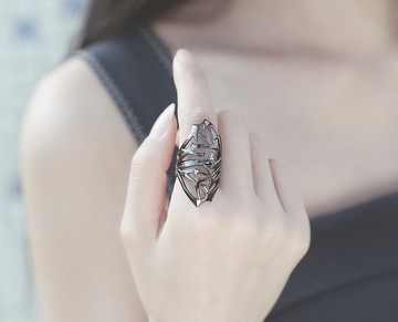 鑽石925純銀刺環長戒指 酷黑樹枝造型大戒指 金合歡荊棘全指戒