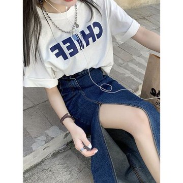 港風復古chic套裝裙女2025夏季新款顯高短袖T恤牛仔半身裙兩件套