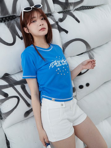 短版外車線設計鉚釘印花上衣-藍色
