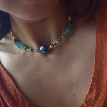 藍陶瓷畫釉 | 串珠頸鍊  台灣早期飾品改造
