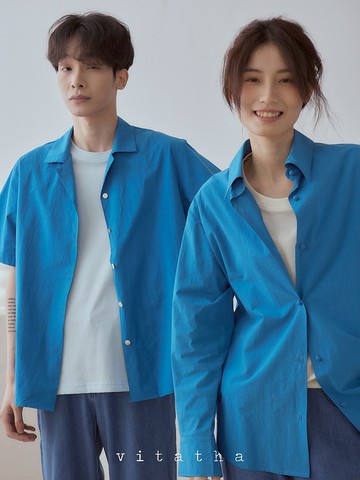 深竹月藍 老友記 古巴領短袖襯衫 寬松復古顯白 中性無性別襯衣