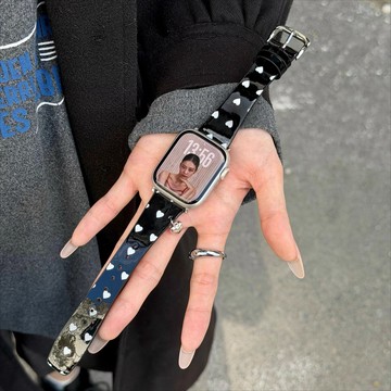 韓系愛心掛墜波點漆麪皮錶帶 適用於iwatch錶帶 Apple watch腕帶 全系列通用錶帶 當季款