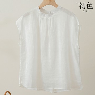 初色 純色氣質風立領無袖下擺開叉褶皺襯衫上衣女上衣-共7色-12914(M-2XL可選)