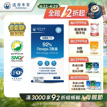 92% Omega-3 rTG高濃度魚油EX（120顆）【1盒／2盒／3盒／5盒／11盒優惠組】