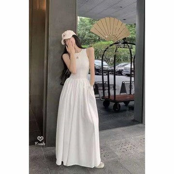 韓國白色背心裙無袖氣質連衣裙女2024夏季收腰顯瘦設計感法式長裙