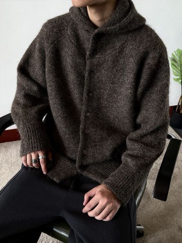 美式複古連帽鈕扣開衫毛衣 男女秋冬季慵懶鬆弛感外套 韓版短款針織衫 情侶裝 毛線衣 寬鬆外套 打底針織衫 軟糯外套 H