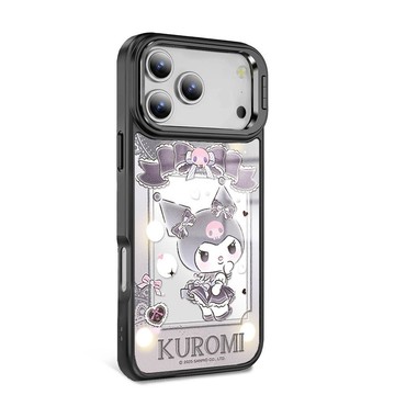 iPhone全系列 軍規合金框隱形立架鏡面磁吸殼-蕾絲酷洛米B-黑框