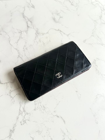 Chanel 黑色銀扣皮革長夾 錢包 皮夾 中古包 二手包 古董包 手拿