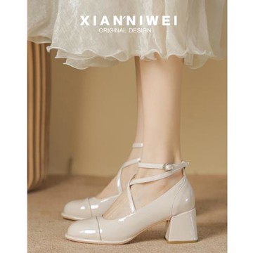 瑪麗珍女鞋子2025年春秋新款時尚百搭法式復古圓頭粗跟單鞋高跟鞋