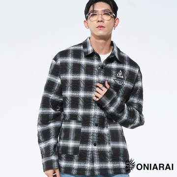 【㊙結帳2件再88折】黑白家徽絎縫貼標襯衫式格紋棉服 - BLUE WAY  鬼洗い