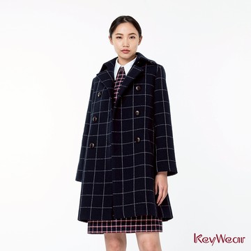 【KeyWear 奇威名品】英倫風毛呢經典格紋長袖大衣 深藍色