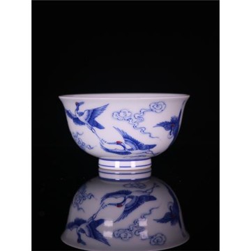 精品青花手繪仙鶴茶杯茶具景德鎮古玩古董陶瓷器復古釉下品茗杯
