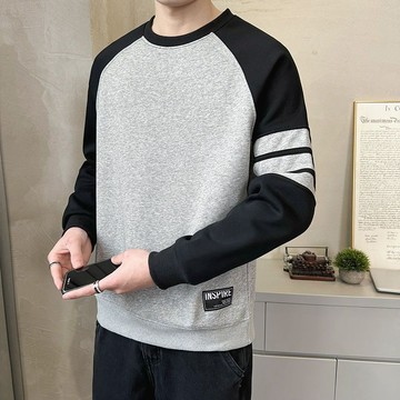 新品【秋冬】潮流圓領衛衣男士春秋季新款撞色長袖T恤衫痞帥條紋內搭打底衫男