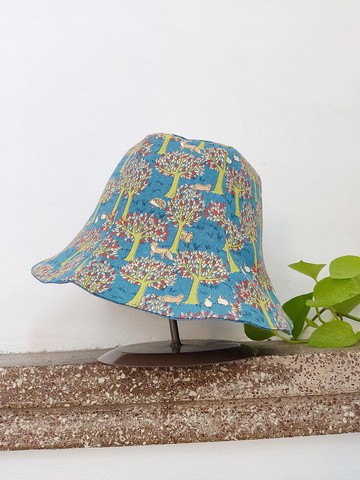 手工雙面漁夫帽/短帽簷/遮陽帽/藍色/小森林/狐狸兔子刺蝟