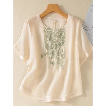 2025夏裝新款中年女士媽媽棉麻t恤純棉短袖洋氣年輕亞麻國風上衣