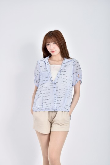 (M) emilie louis質感棉質純棉假兩件印花藍色短袖上衣