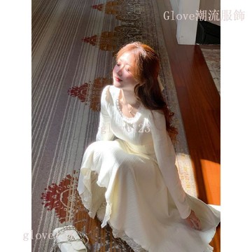 🌷臺灣出貨🌷Glove 梔子白茶/法式長袖針織連衣裙女2025秋冬新款配大衣內搭白色長裙 裙裝 洋裝 長裙女 連身裙