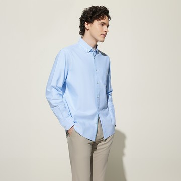 水洗簡約口袋款撞色釦純棉牛津紡長袖襯衫/粉藍色 | 5112001872