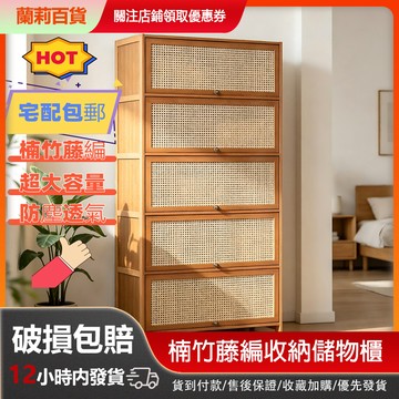 🚚本地出貨🚚 楠竹藤編收納櫃 帶門防塵落地櫃 客廳展示櫃 書房書架 臥室雜物收納儲物櫃 日式原木風 收納置物櫃