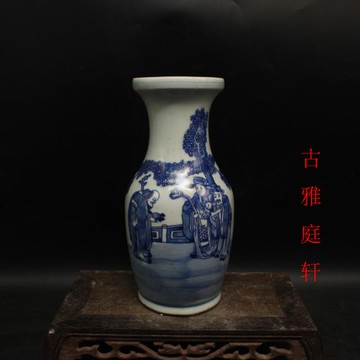 清中期全手工青花人物故事花瓶 景德鎮老貨仿古瓷器擺件 古董古玩1入