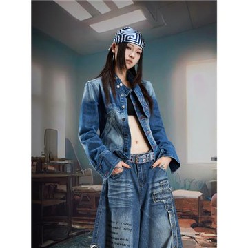 無人孤島 復古做舊水洗立領修身牛仔外套短款紐扣夾克女款