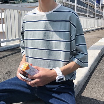 FINDSENSE H1 2018 夏季 小清新 條紋  T恤 潮流 寬鬆 短袖  時尚 男 體恤 上衣