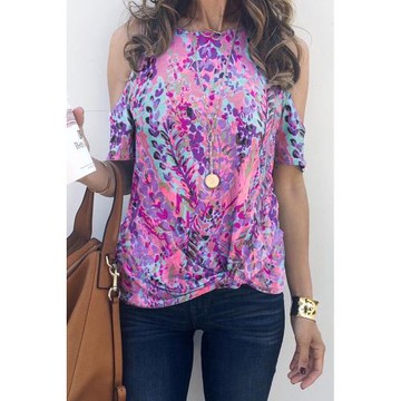 2025歐美新款圓領露肩扭結印花薄款短袖T恤女夏季個性半袖套頭衫