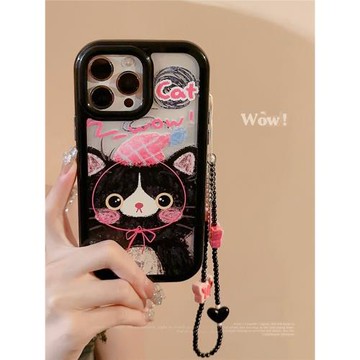 適用14ProMax手機殼蘋果13黑粉涂鴉貓咪iPhone11可愛12硬殼潮防摔卡通可愛亞克力手機殼15pro保護套