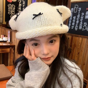 【我的頭不圓】可愛小熊蝴蝶結毛絨針織帽子女秋冬百搭保暖毛線帽