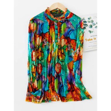 前片三層chun真絲網眼立領長袖T恤黑色網紗打底衫大碼桑蠶絲襯衫