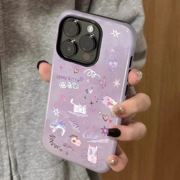 炸毛貓貓咪適用蘋果17promax菲林二合一手機殼iPhone15pro/14/13/12Promax