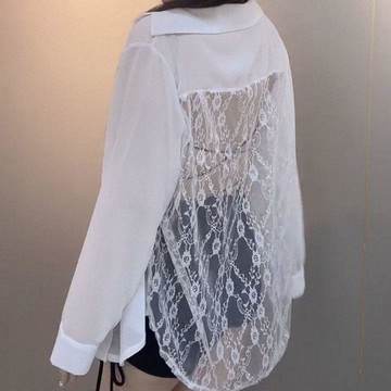 【鏤空露背 蕾絲拼接 防曬襯衫 女 夏 新款 時尚 寬鬆 減齡 長袖 上衣 百搭 外套 shirt 女裝 防曬外套 長袖