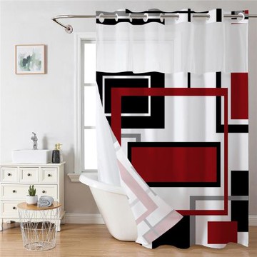 跨境批發 幾何方格雙層大環數碼印花防水浴簾  酒店衛生間浴室簾