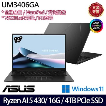 《ASUS 華碩》 UM3406GA-0042K430H(14吋WUXGA/Ryzen AI 5 430/16G/4TB SSD/Win11/二年保/特仕版)