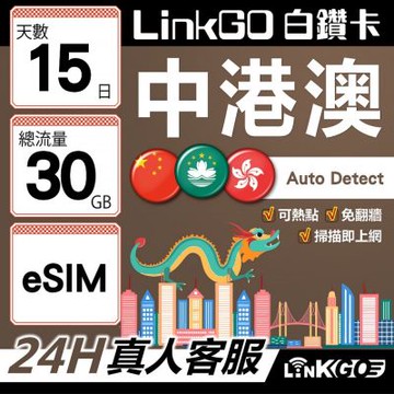 LINKGO白鑽卡 中港澳 eSIM卡 15天上網卡 總流量30GB 無速流量 免翻牆可熱點(中港澳網卡 中國 大陸 香港 澳門 虛擬卡)