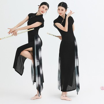 【桃喜Rich女裝】古典舞改良旗袍 彈力顯瘦旗袍裙 舞蹈服 復古中國舞蹈團服 修身練功演出服裝 優雅黑色旗袍