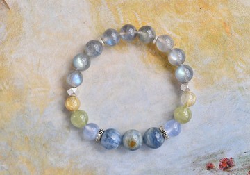 拉長石+藍晶石+綠石榴石+鈦晶+藍玉髓純銀水晶手鍊