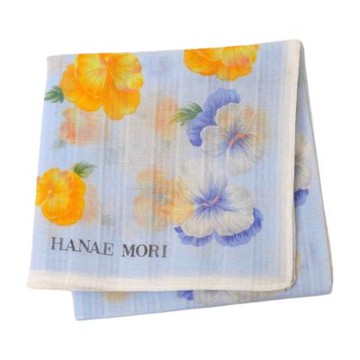 Hanae Mori 日本製100%棉優雅蝴蝶花圖騰字母LOGO帕巾(水藍系/45CM)