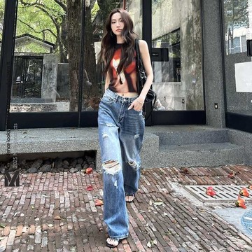 韓版破洞牛仔褲女 水洗直筒闊腿褲 復古寬鬆落地褲 拖地長褲 高腰牛仔褲 百搭休閒破洞褲 顯瘦小個子女裝 刷破牛仔褲子