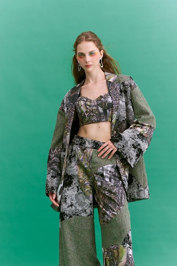 印花時尚拼布西裝外套