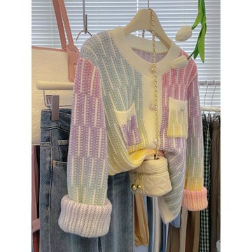 秋冬季法式多巴胺設計感漸變色針織開衫寬松外穿慵懶風毛衣外套女