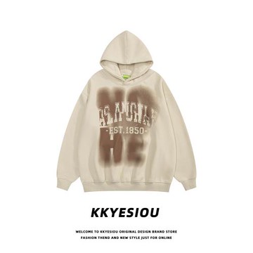 KKyesiou潮牌高街美式復古情侶連帽衛衣男女oversize加絨加厚帽衫