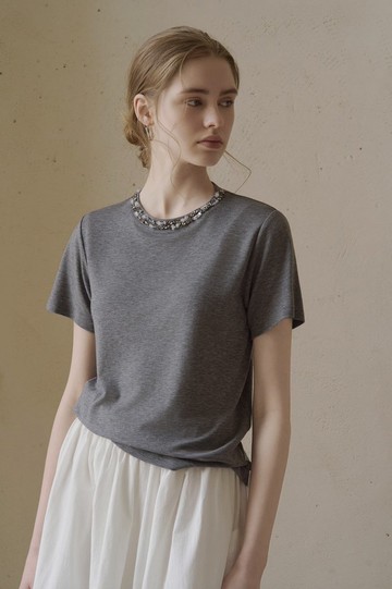 天絲羊毛領口 手工釘鑽針織短袖T恤