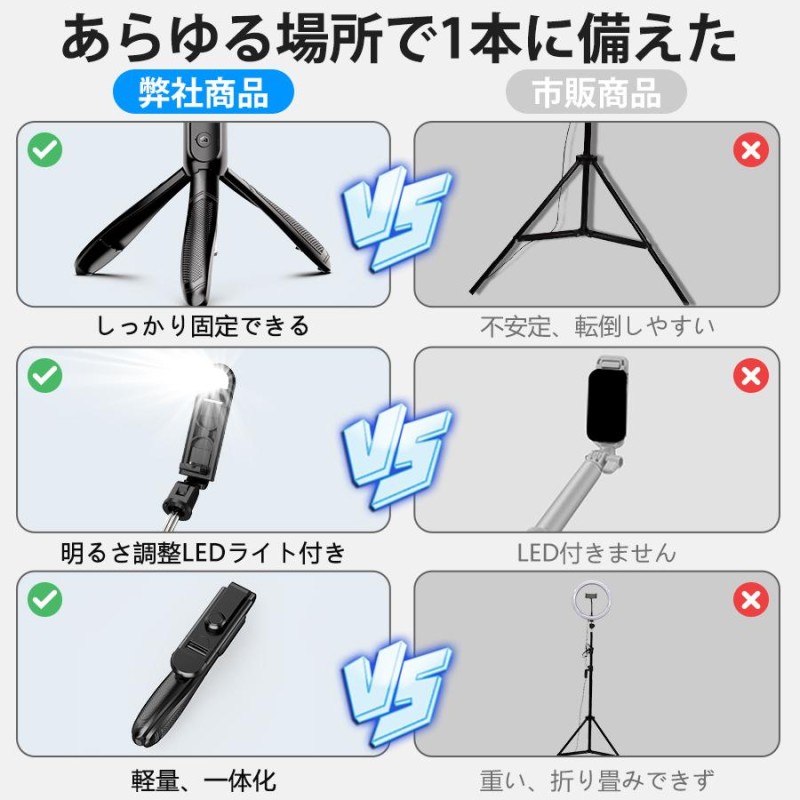 自撮り棒 三脚付き セルカ棒 Bluetooth LEDライト付き リモコン付き