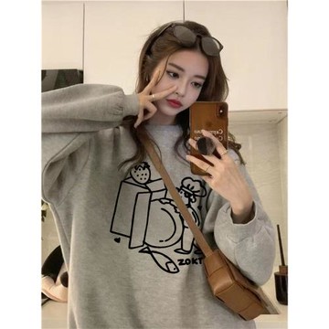 純棉銀狐絨薄款灰色圓領衛衣女秋冬款美式潮牌高級感灰色長袖上衣