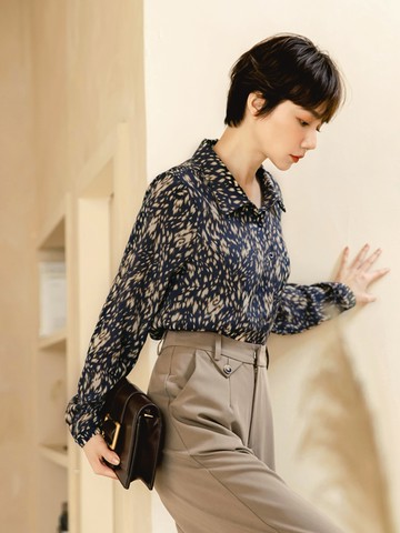 不易皺印花襯衫領半開襟長袖上衣