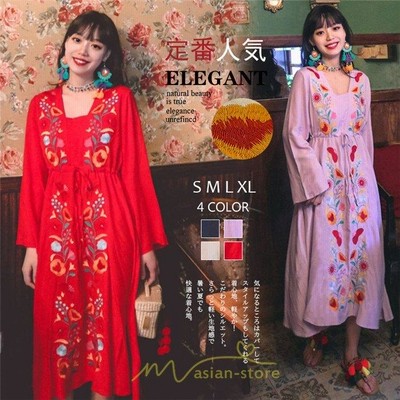 エスニック刺繍ワンピース ロングワンピース 夏 秋 長袖 大人可愛い ゆったり リゾート 民族風 刺繍 着痩せ 大人 エレガント Aライン 代30代40代 通販 Lineポイント最大get Lineショッピング